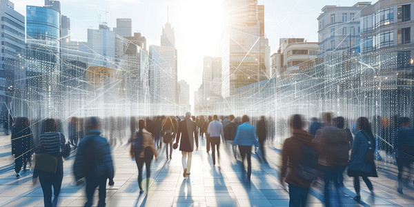 Strasse mit vielen Menschen und Hochhäuser