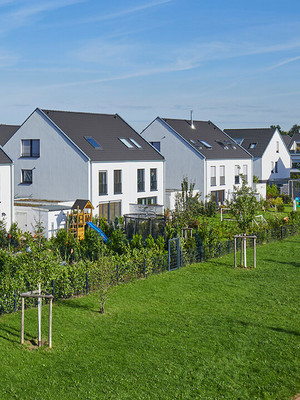 Mehrere Einfamilienhäuser blauer Himmel und viel Grün