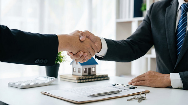 Zwei Männer schütteln sich die Hände im Büro