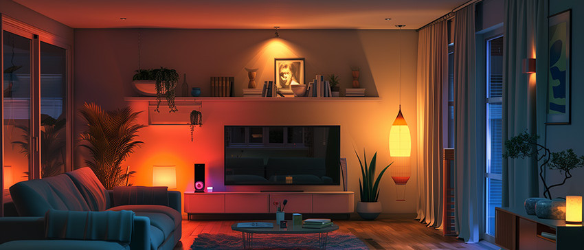 Modernes Wohnzimmer in Abendstimmung
