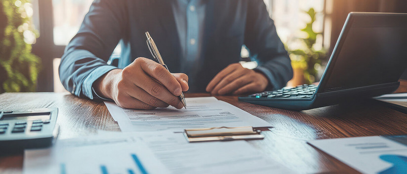 Mann sitzt an Tisch und schreibt auf Papier