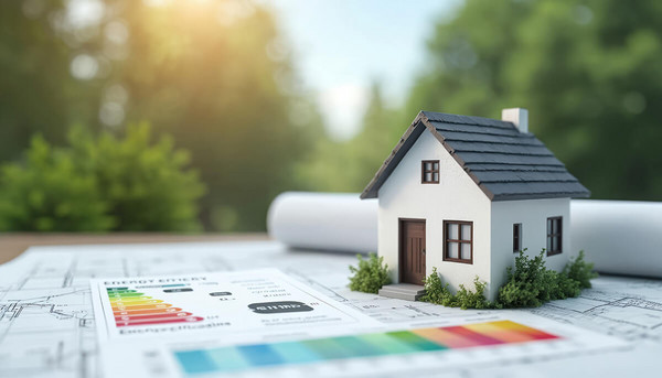 Modellhaus auf Unterlagen mit Energieausweis