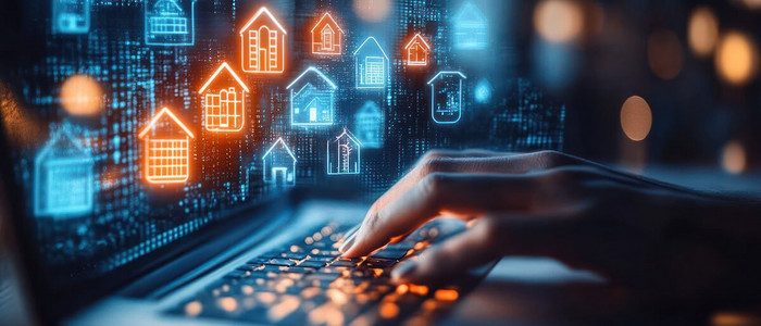 Mann tippt auf Laptop mit digitalen Icons