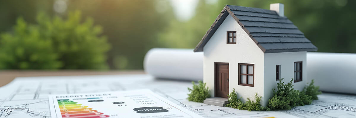 Modellhaus auf Unterlagen mit Energieausweis