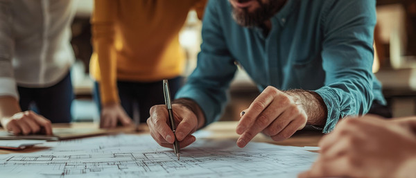 Mann zeichnet mit Stift auf Bauplan
