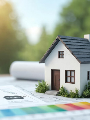 Modellhaus auf Unterlagen mit Energieausweis